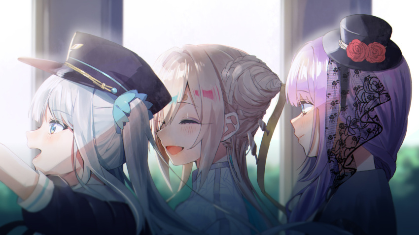 3girls, absurdres, bandaid, dress, hat, highres, indie_virtual_youtuber, kagura_mea
