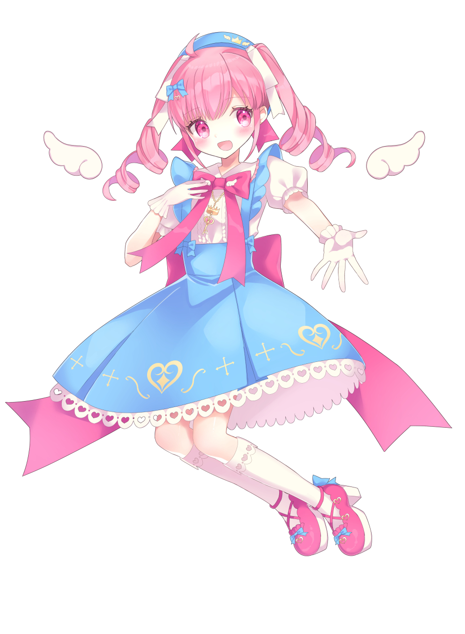 1girl, ahoge, angel_wings, bow, gloves, hair_bow, hair_ornament, hat