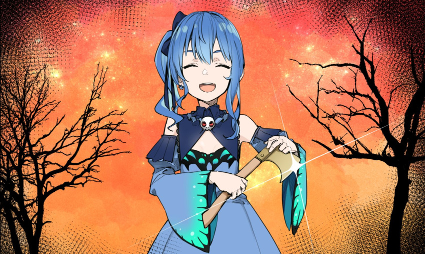 1girl, axe, bangs, bare_tree, blue_dress, blue_hair, blue_sleeves, closed_eyes