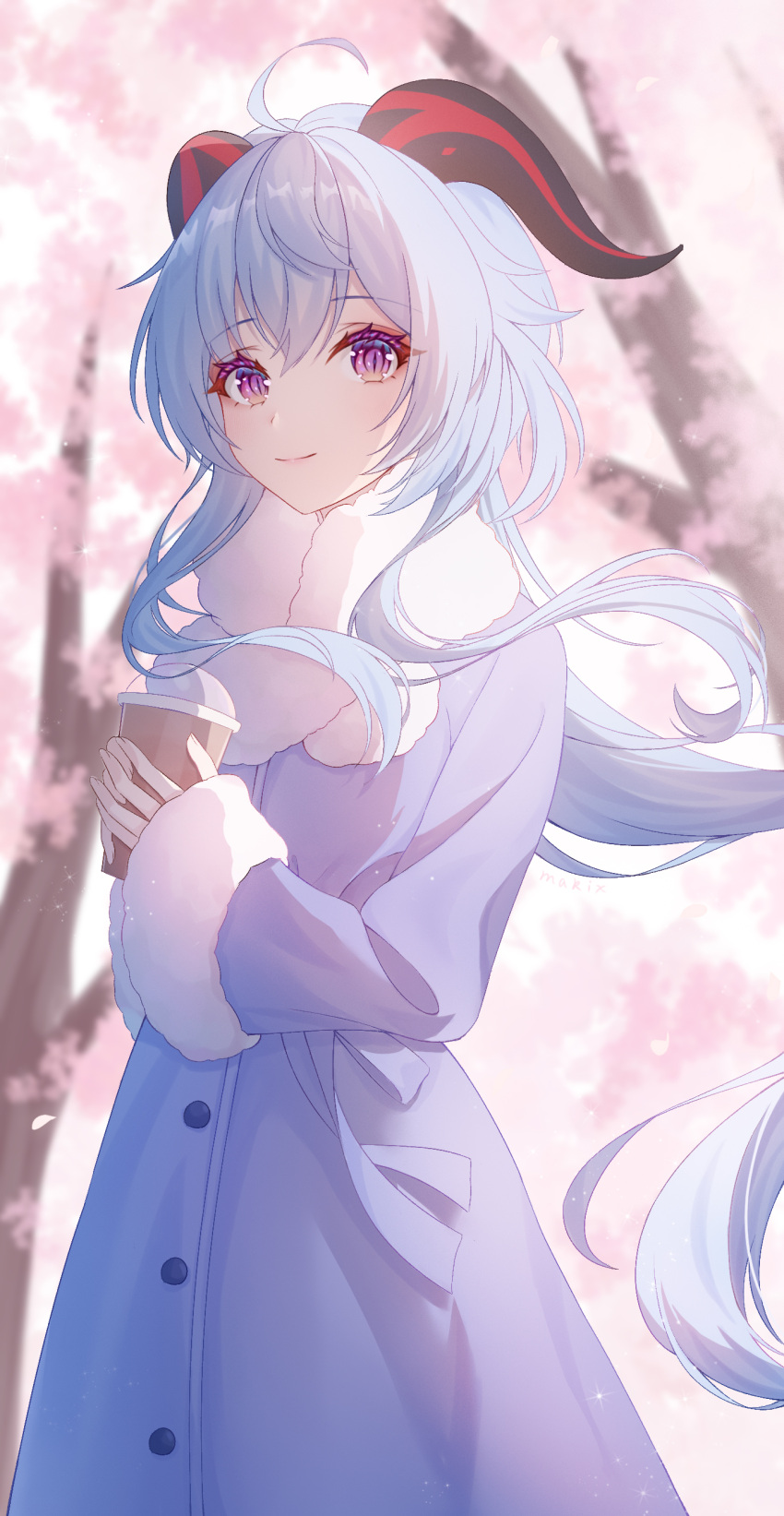 1girl, absurdres, ahoge, alternate_costume, bangs, blue_coat, closed_mouth, coat