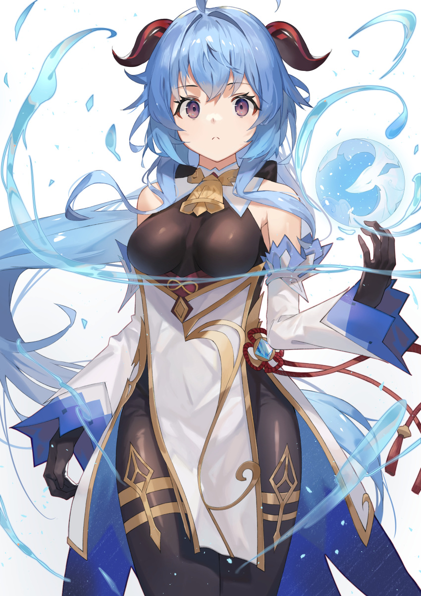 1girl, :<, absurdres, ahoge, arm_at_side, bangs, bare_shoulders, bell