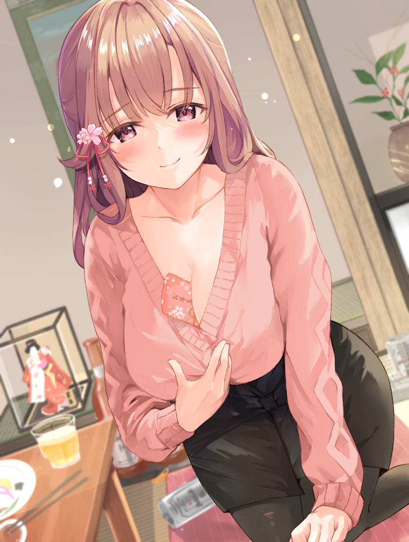 1girl, bangs, between_breasts, black_leotard, black_skirt, blush, breasts, brown_hair