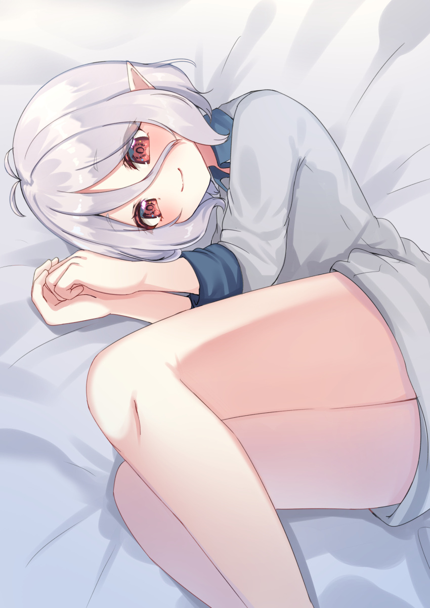 1girl, antenna_hair, bangs, bed_sheet, closed_mouth, collared_shirt, commentary_request, eyebrows_visible_through_hair
