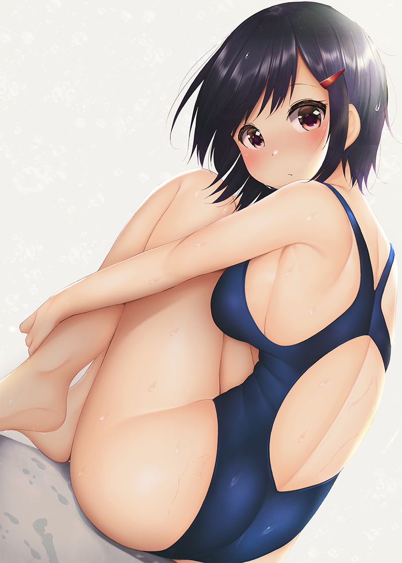 1girl, ass, back, back_cutout, bangs, barefoot, blue_swimsuit, blush