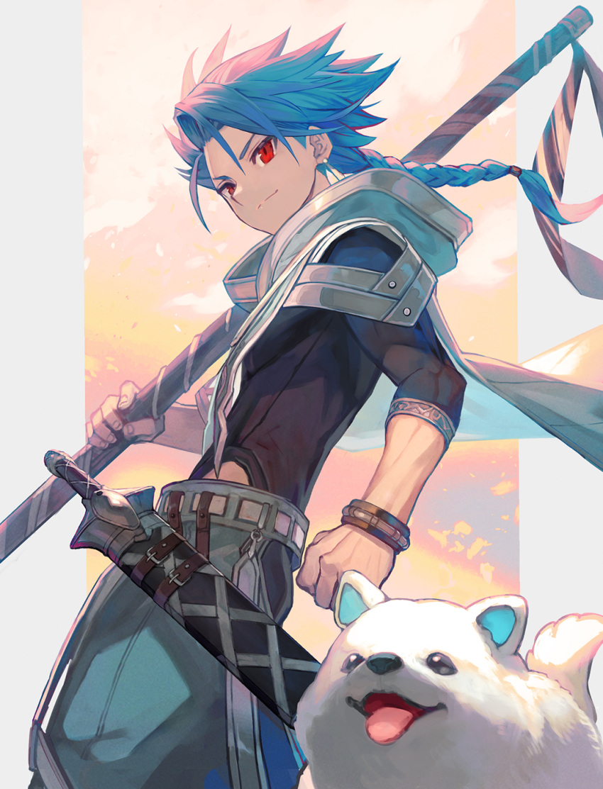 1boy, 1other, animal, blue_hair, bracelet, braid, braided_ponytail, cape