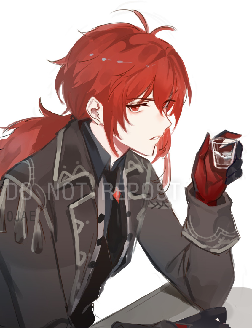 0jae, 1boy, absurdres, bangs, black_gloves, collar, cup, diluc_(genshin_impact), drinking_glass, eyebrows_visible_through_hair, genshin_impact, gloves, hair_between_eyes, highres, holding, holding_cup, jacket, long_hair, long_sleeves, looking_at_viewer, male_focus, necktie, open_mouth, ponytail, red_eyes, redhead, shot_glass, simple_background, solo, tassel