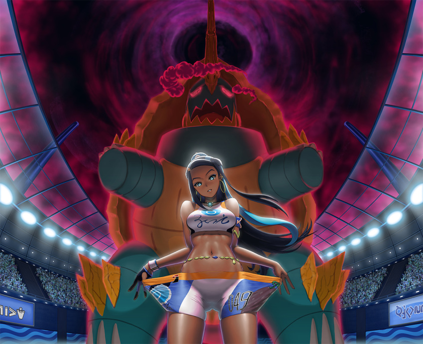 1girl, armlet, belly_chain, bike_shorts, black_hair, blue_eyes, blue_eyeshadow, blue_hair, breasts, clothes_tug, commentary, dark_skin, dark-skinned_female, drednaw, dynamax_band, earrings, eyeshadow, from_below, gen_8_pokemon, gigantamax, gigantamax_drednaw, gloves, gym_leader, head_tilt, hoop_earrings, jewelry, kysso, long_hair, looking_at_viewer, makeup, multicolored_hair, navel, necklace, nessa_(pokemon), number, parted_lips, pokemon, pokemon_(creature), pokemon_(game), pokemon_swsh, shiny, shiny_skin, single_glove, stadium, two-tone_hair