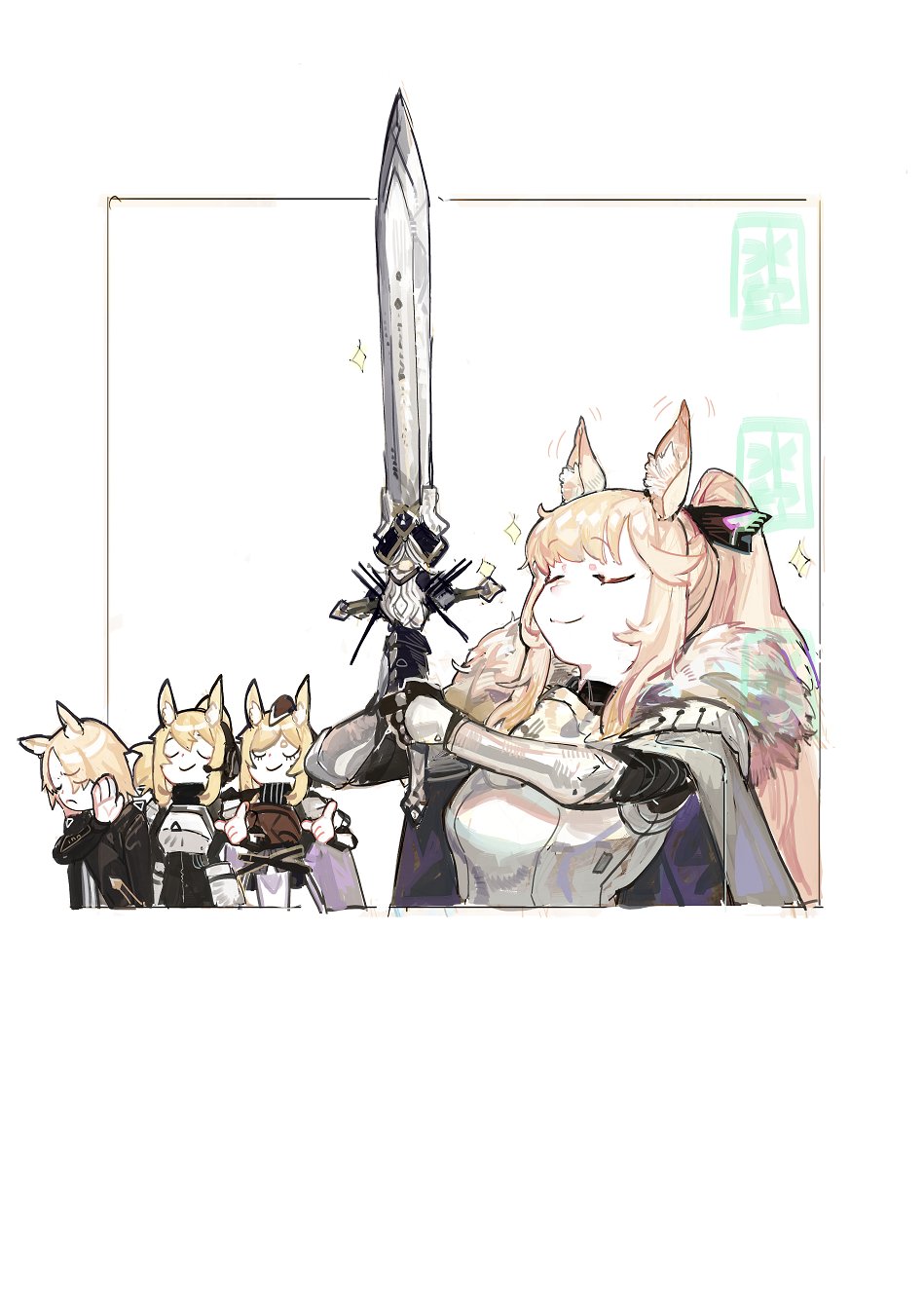 4girls, animal_ears, arknights, arm_up, armor, bangs, black_headwear, black_jacket
