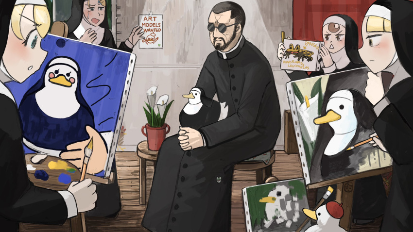1boy, 4girls, animal_on_lap, beard, beret, bird, blonde_hair, blue_eyes