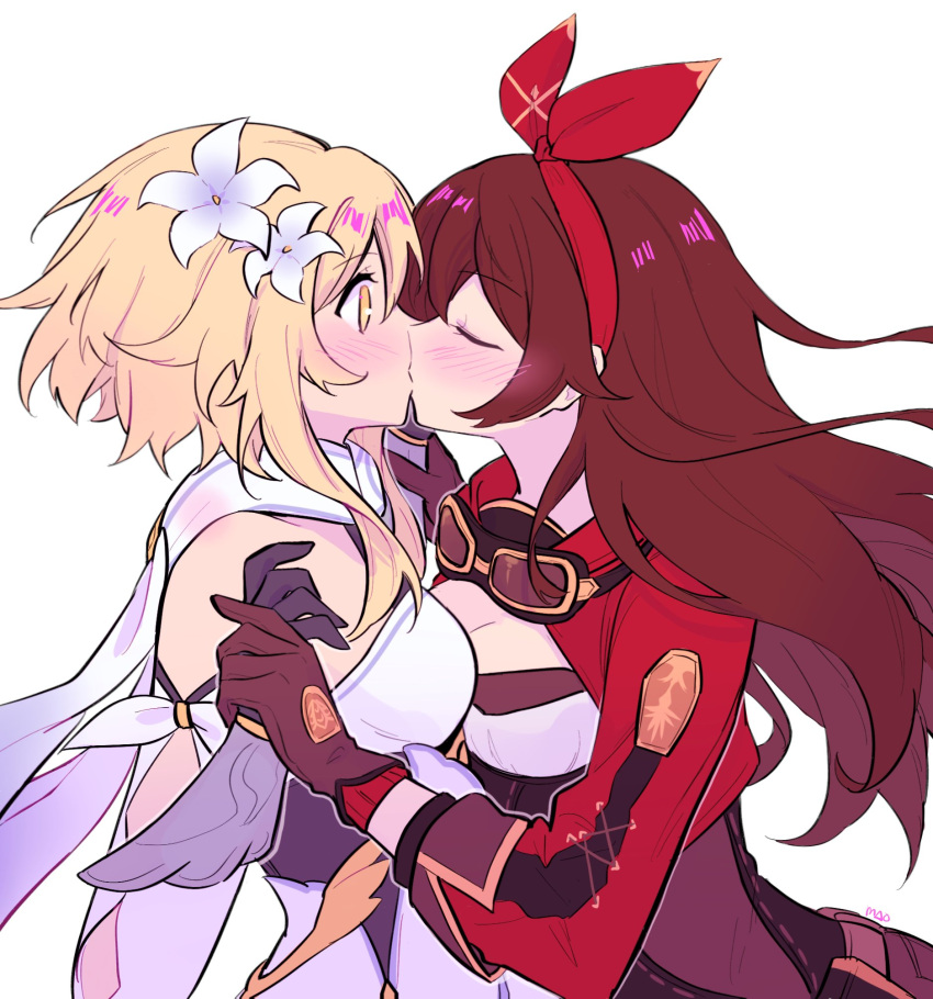 2girls, amber_(genshin_impact), blonde_hair, blush, brown_hair, closed_eyes, commission, dress, flower, genshin_impact, gloves, goggles, hair_flower, hair_ornament, highres, holding_hands, jacket, kiss, lumine_(genshin_impact), mao_(expuella), multiple_girls, open_clothes, open_jacket, scarf, simple_background, white_background, yellow_eyes, yuri