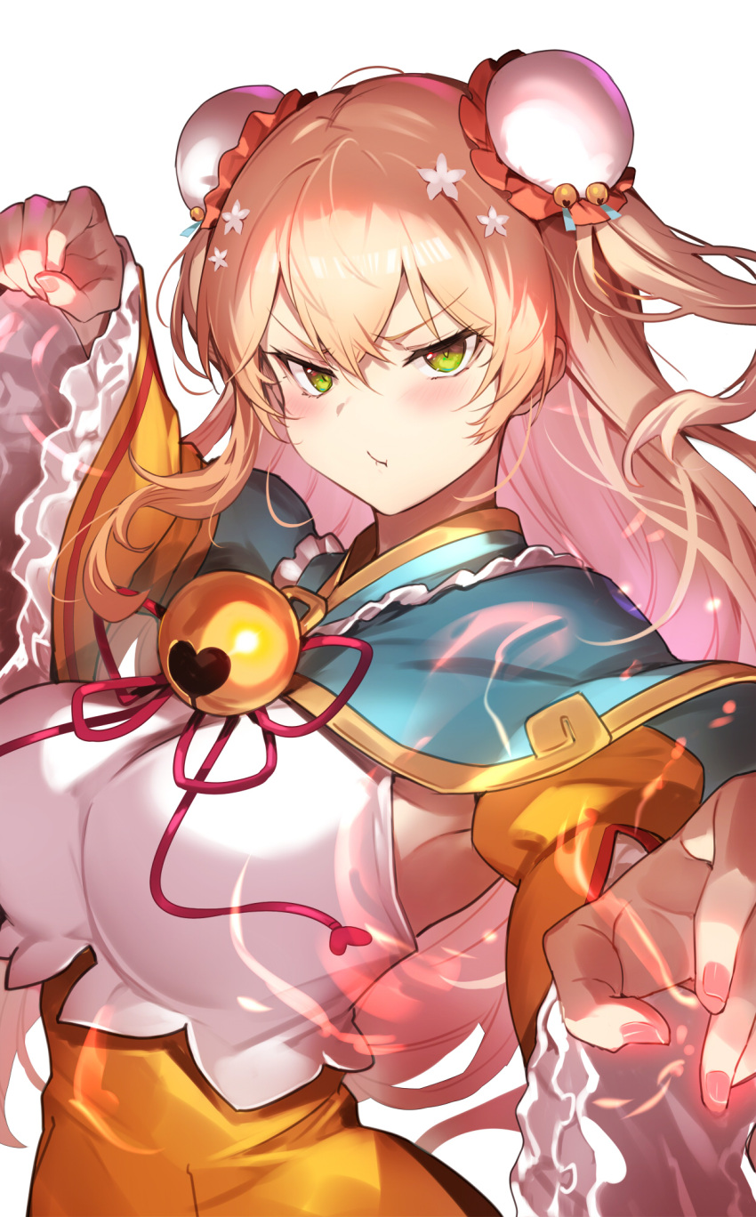 1girl, armpits, bangs, bell, blush, breasts, capelet, clenched_hand
