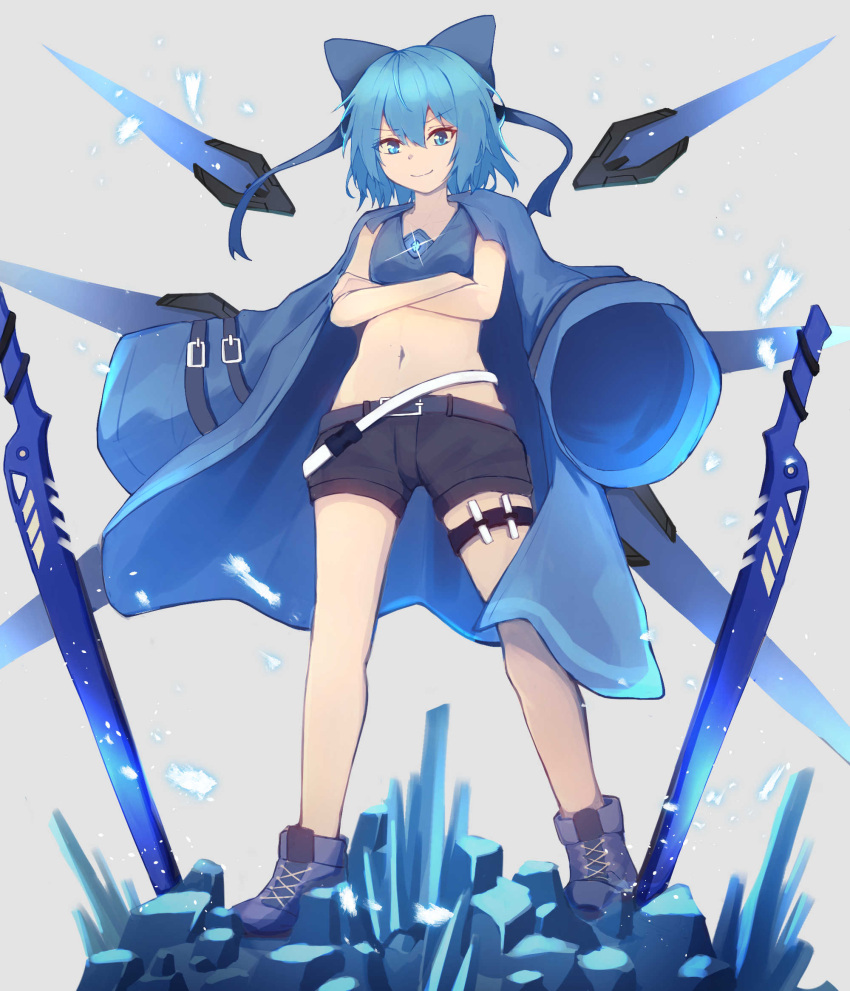 1girl, alternate_costume, ankle_boots, belt, black_shorts, blue_bow, blue_coat, blue_eyes, blue_footwear, blue_hair, blue_sports_bra, boots, bow, cirno, coat, commentary_request, crossed_arms, detached_wings, eyebrows_visible_through_hair, flat_chest, full_body, gem, gunbuster_pose, hair_bow, highres, ice_crystal, jacket, jacket_on_shoulders, kogane_ringo, long_coat, loose_belt, mechanical_wings, midriff, multiple_belts, multiple_swords, navel, planted_sword, planted_weapon, short_hair, shorts, solo, sports_bra, sword, touhou, weapon, wings
