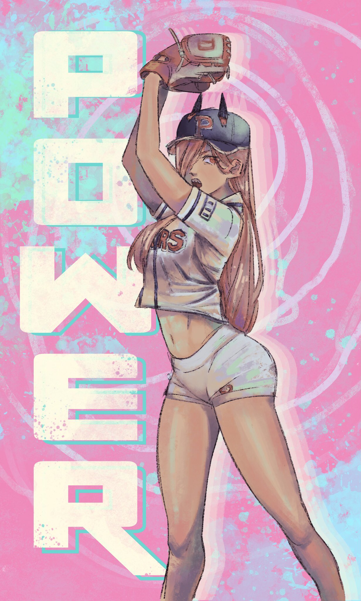 1girl, alien_(chainsawramen), baseball_cap, baseball_jersey, baseball_mitt, baseball_uniform, black_headwear, chainsaw_man