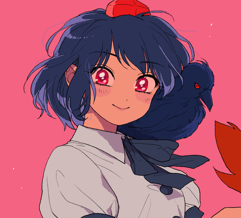 1girl, animal_on_shoulder, bird, bird_on_shoulder, black_hair, black_neckwear, blush_stickers, crow