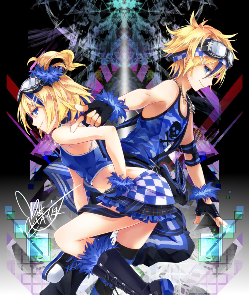 1boy, 1girl, bare_shoulders, black_background, black_gloves, blonde_hair, blue_shirt, blue_skirt