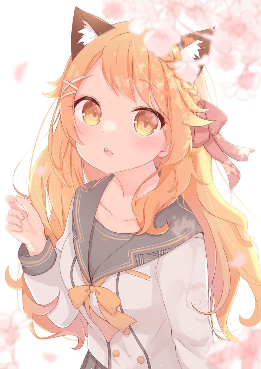 1girl, animal_ears, bangs, blouse, bow, bowtie, braid, buttons