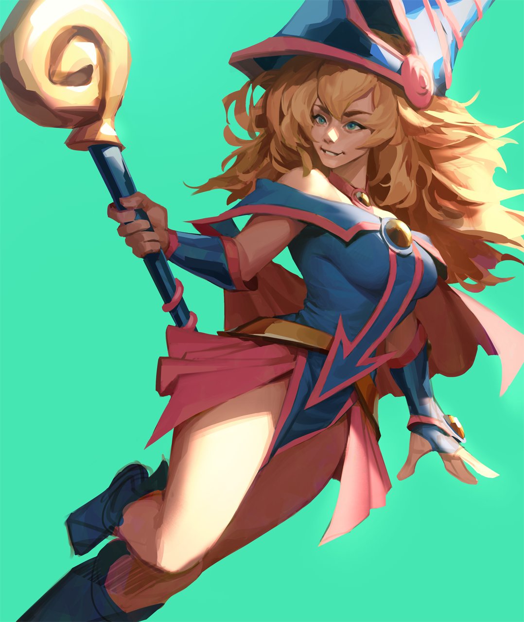 1girl, aqua_background, bare_shoulders, blonde_hair, blue_eyes, blue_footwear, boots, dark_magician_girl