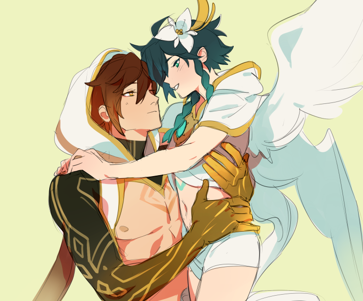 2boys, arm_tattoo, arms_around_neck, arms_around_waist, bangs, black_hair, blue_hair, blush