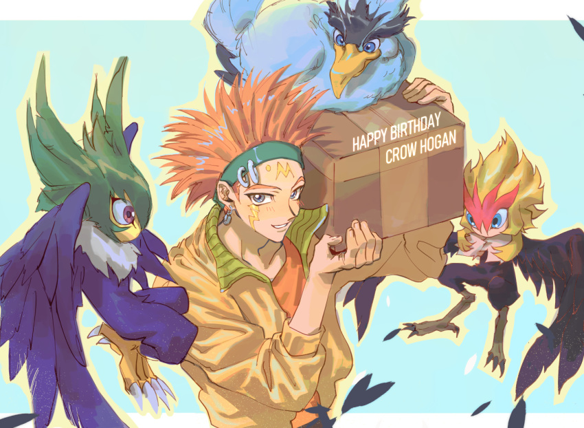 1boy, alternate_costume, bird, black_feathers, blackwing_blizzard_the_moon_shadow, blackwing_gale_the_whirlwind, blackwing_kalut_the_moon_shadow, blue_eyes