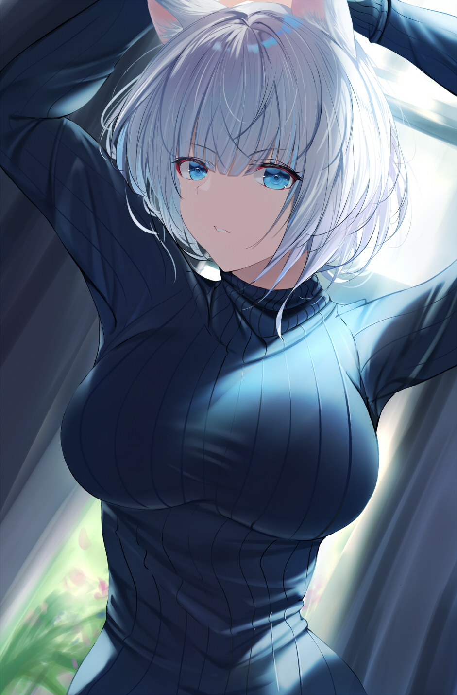 1girl, alternate_costume, animal_ears, azur_lane, backlighting, bangs, blue_eyes, blue_sweater