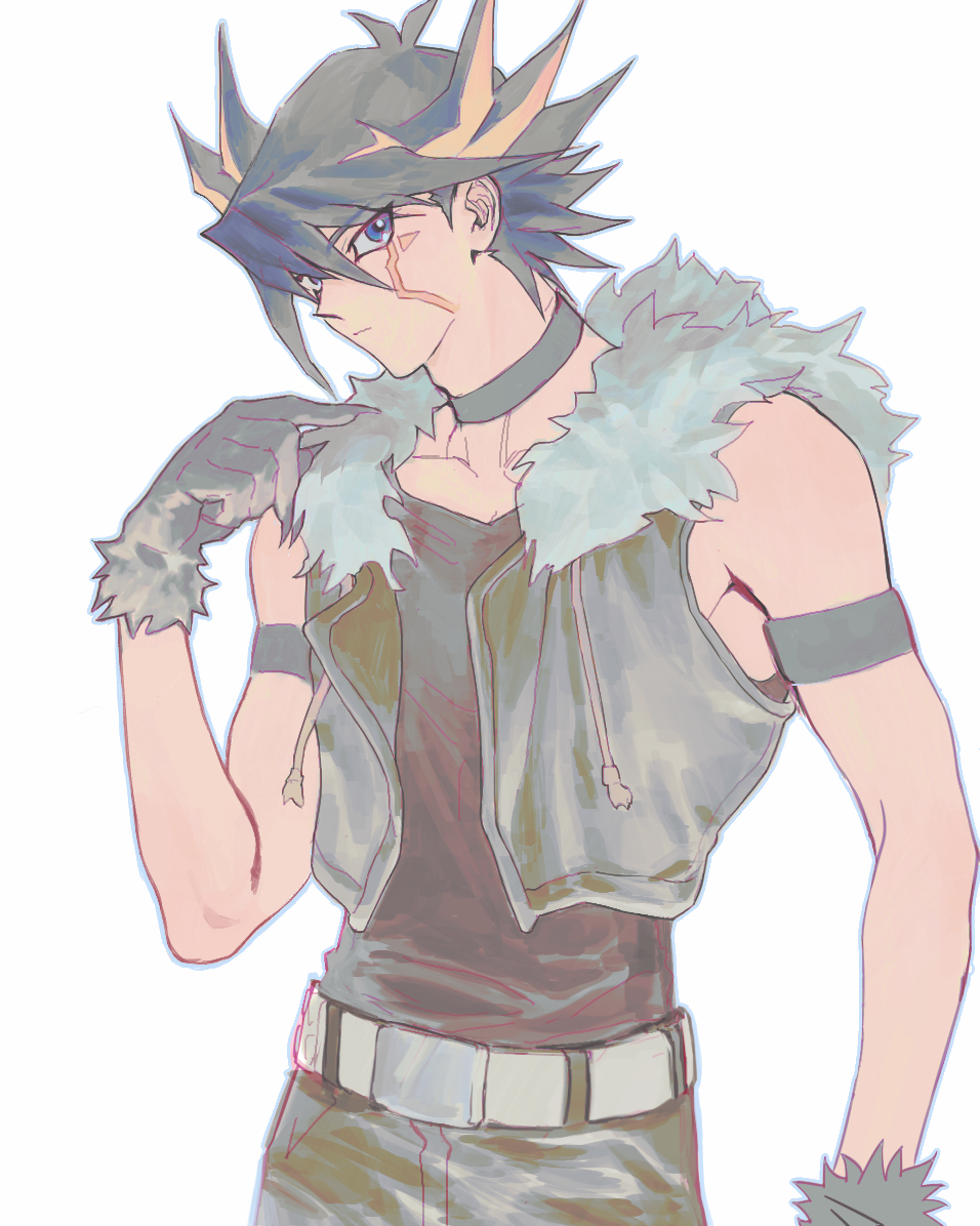 1boy, alternate_costume, bare_shoulders, belt, black_hair, black_pants, black_tank_top, blonde_hair