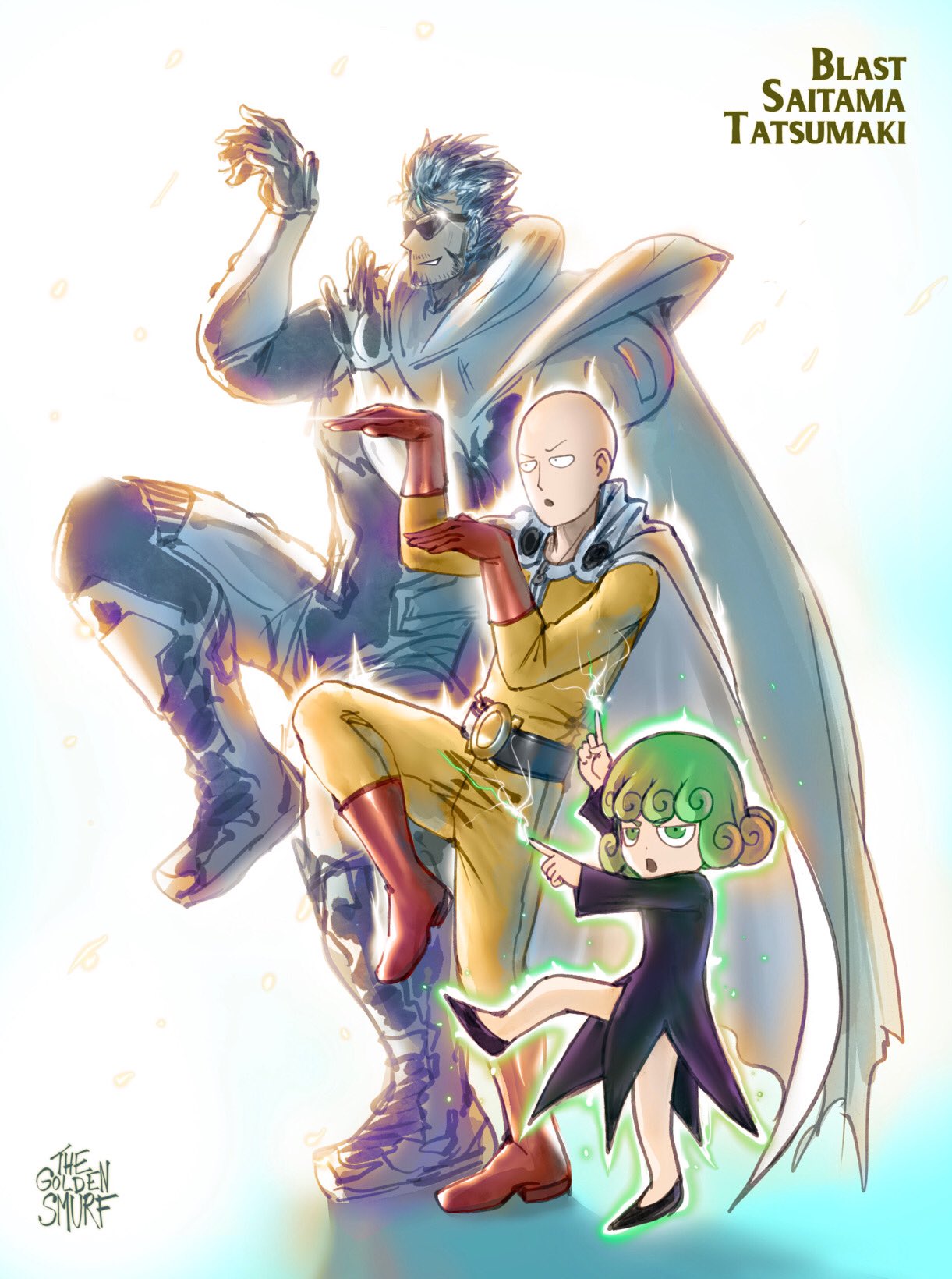 1girl, 2boys, aura, bald, belt, black_dress, black_jumpsuit, blast_(one-punch_man), boots, cape, character_name, chibi, dress, facial_hair, flats, gloves, green_eyes, green_hair, highres, index_finger_raised, multiple_boys, one-punch_man, parody, pose, red_footwear, red_gloves, saitama_(one-punch_man), short_hair, sideburns, standing, standing_on_one_leg, stubble, sunglasses, superhero, tatsumaki, the_golden_smurf, yellow_jumpsuit, yotsubato!, yotsubato!_pose