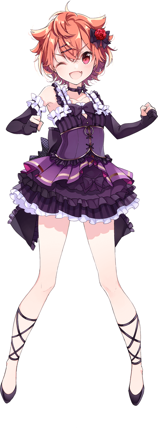 animal_ear, black_footwear, breasts, clenched_hand, detached_sleeves, dress, fang, flower