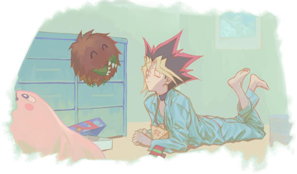 1boy, barefoot, black_hair, blonde_hair, box, closed_eyes, closed_mouth, collar, commentary_request, drawer, duel_monster, green_pants, green_shirt, kuriboh, long_sleeves, lying, male_focus, marshmallon, millennium_puzzle, multicolored_hair, mutou_yuugi, nobou_(32306136), on_stomach, pants, poster_(object), shirt, smile, soles, spiky_hair, the_pose, toes, yu-gi-oh!