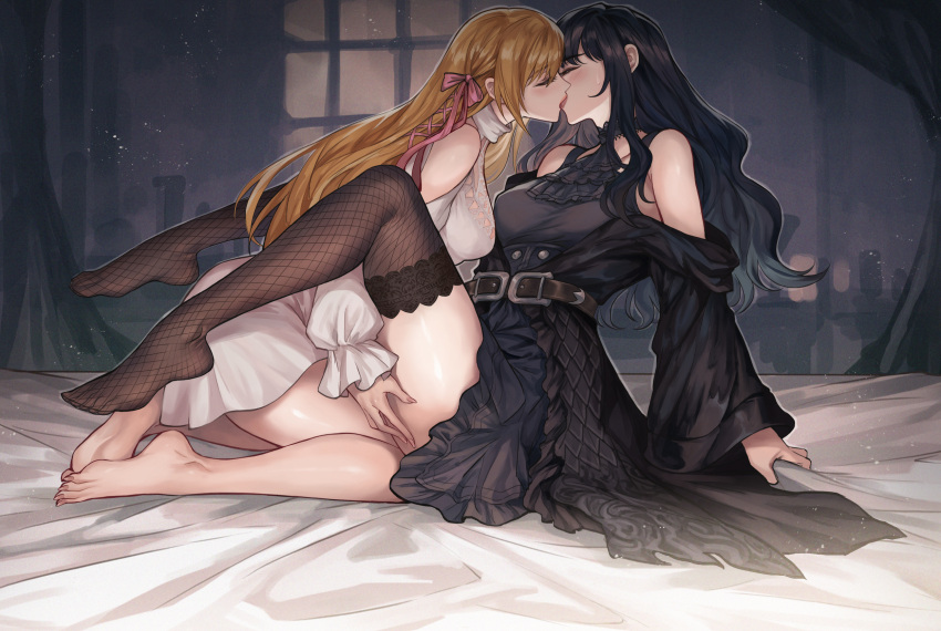 2girls, bangs, barefoot, bed, belt, black_belt, black_dress, black_hair, black_legwear, blonde_hair, blush, closed_eyes, dress, duplicate, eyebrows_visible_through_hair, feet, final_fantasy, final_fantasy_xiv, fishnet_legwear, fishnets, gaia_(ff14), hair_ribbon, hand_on_another's_thigh, highres, hyur, indoors, kiss, kneeling, long_hair, long_sleeves, multiple_girls, no_shoes, pengnangehao, red_lips, ribbon, ryne, sitting, sweatdrop, thigh-highs, white_dress, yuri