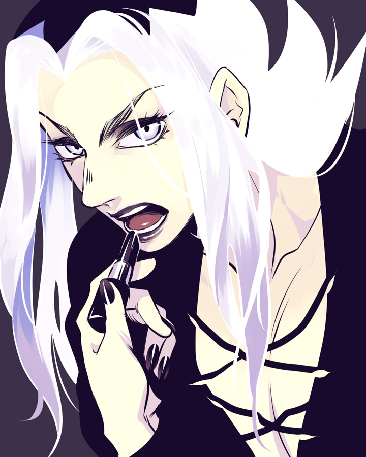 1boy, alternate_eye_color, applying_makeup, black_lipstick, black_nails, chico0619, collarbone, commentary_request, cosmetics, cross-laced_clothes, jojo_no_kimyou_na_bouken, leaning_forward, leone_abbacchio, limited_palette, lipstick, lipstick_tube, long_hair, long_sleeves, looking_at_viewer, makeup, male_focus, multicolored_hair, nail_polish, open_mouth, plunging_neckline, purple_hair, solo, two-tone_hair, upper_body, vento_aureo, white_eyes, white_hair