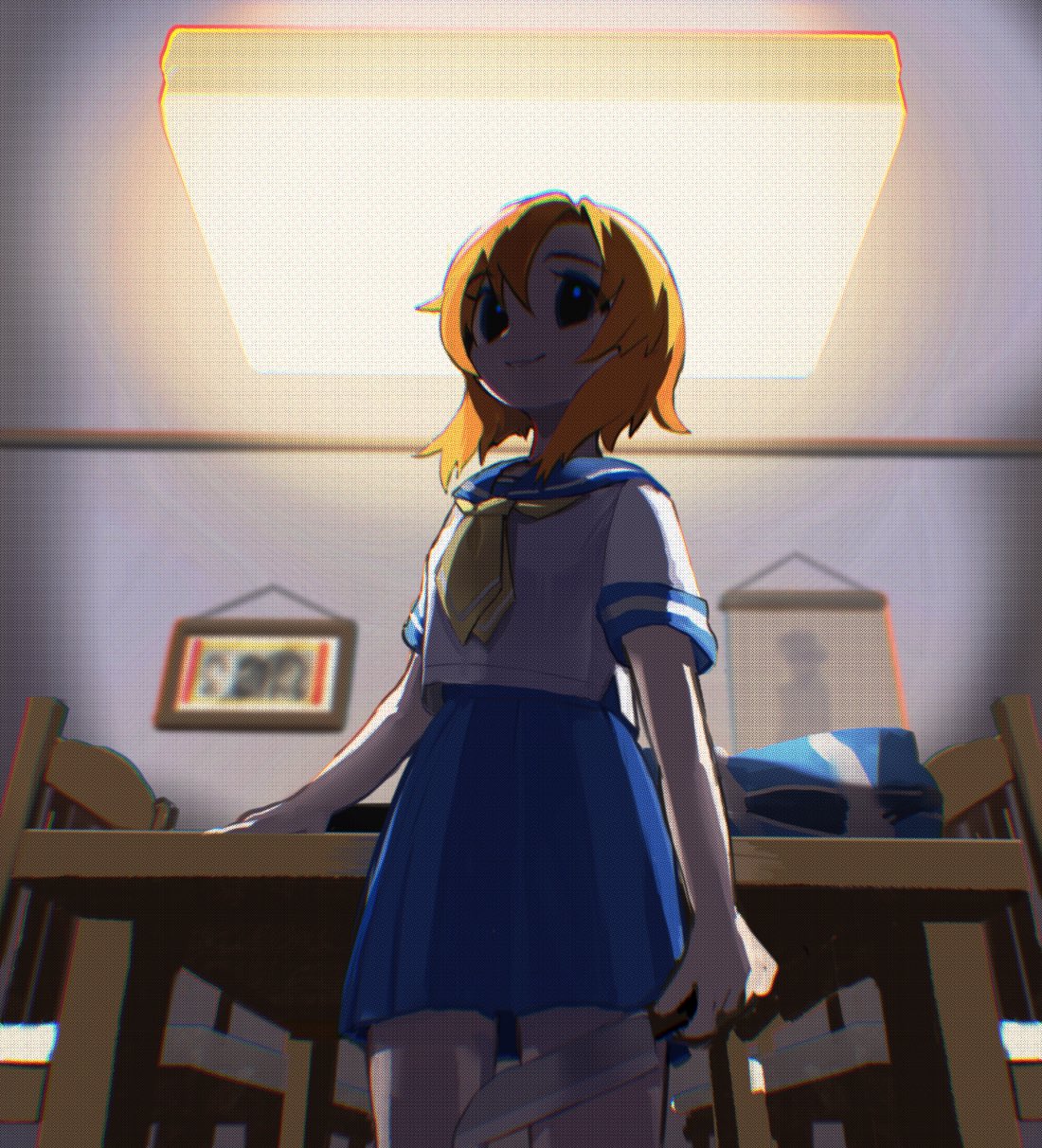 1girl, backlighting, bag, blue_eyes, blue_sailor_collar, blue_skirt, chair, chromatic_aberration