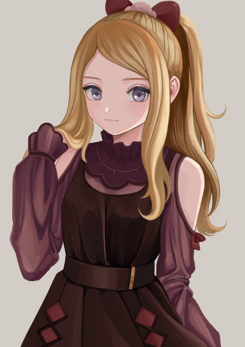 1girl, bare_shoulders, belt, blonde_hair, bow, brown_dress, closed_mouth, commentary_request