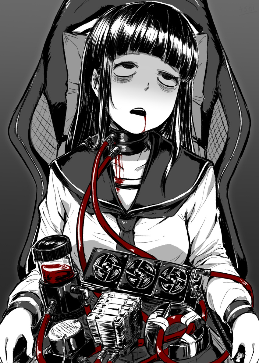 1girl, 4shi, bags_under_eyes, bangs, black_eyes, black_hair, blood, blood_drip, blood_from_mouth, blunt_bangs, chair, choker, collarbone, commentary_request, computer_fan, cooler, electric_fan, fan, grey_background, greyscale, heat_sink, highres, hime_cut, long_hair, long_sleeves, monochrome, neckerchief, office_chair, open_mouth, original, rolling_eyes, sailor_collar, school_uniform, shirt, sidelocks, sitting, solo, spot_color, tape, white_shirt