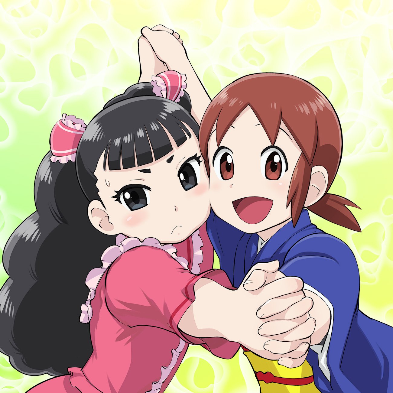 2girls, :d, akino_matsuki, black_eyes, black_hair, blush, bow, brown_hair