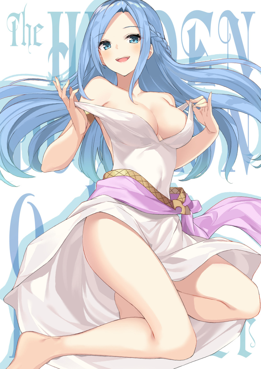 1girl, absurdres, bangs, bare_legs, bare_shoulders, barefoot, blue_eyes, blue_hair
