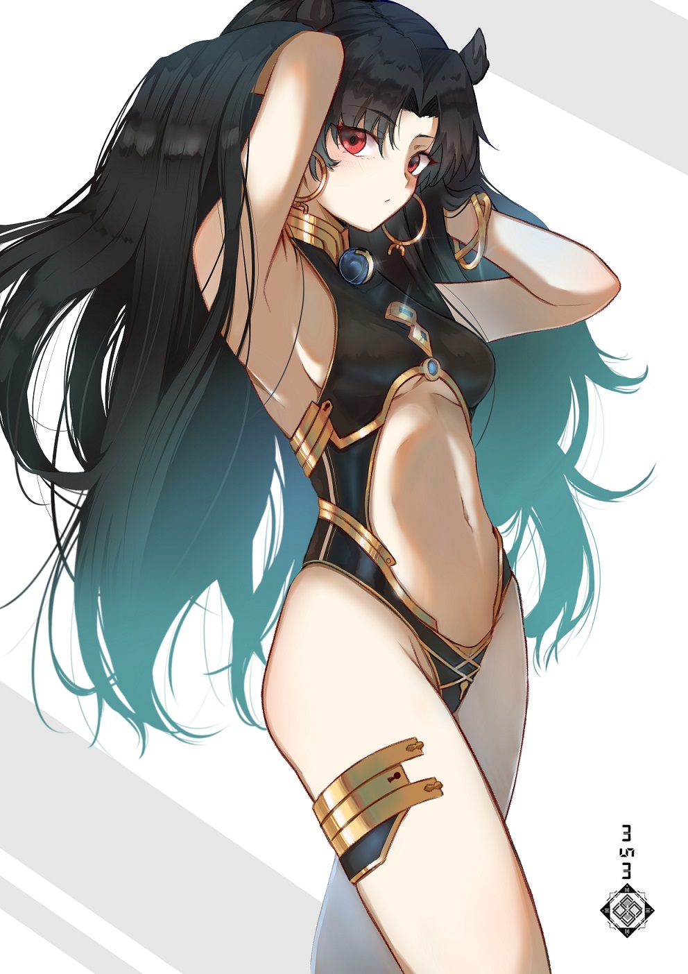 1girl, armpits, arms_behind_head, arms_up, bangs, bare_shoulders, black_hair, black_leotard, blush, bracelet, breasts, center_opening, earrings, fate/grand_order, fate_(series), gold_trim, highres, hoop_earrings, ishtar_(fate)_(all), ishtar_(fate/grand_order), jewelry, leotard, long_hair, looking_at_viewer, medium_breasts, navel, parted_bangs, red_eyes, saco_(cgmore), thighs, two_side_up