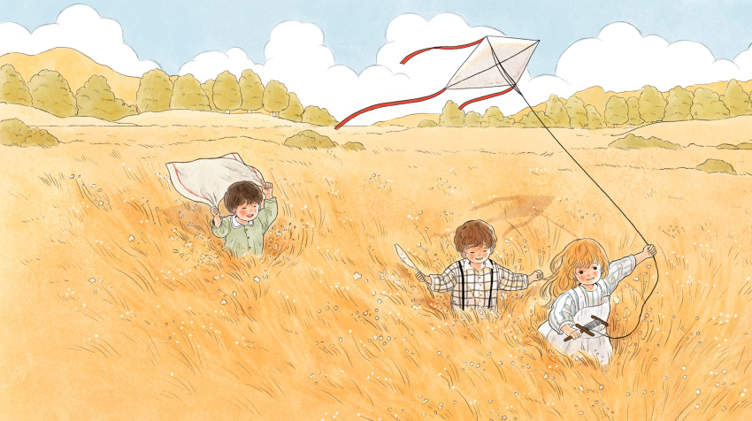 1girl, 2boys, black_eyes, black_hair, blue_sky, blush, brown_hair, child, clouds, cloudy_sky, collared_shirt, day, grass, green_shirt, highres, kite, kite_flying, kite_string, long_hair, long_sleeves, multiple_boys, orange_hair, original, outdoors, plaid, plaid_shirt, shadow, shirt, short_hair, sky, smile, tree, yoovora