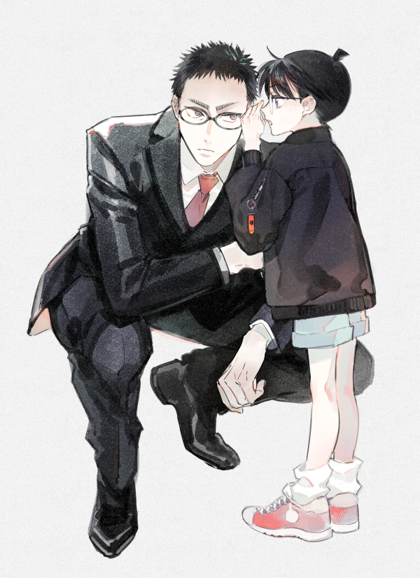 2boys, black-framed_eyewear, black_footwear, black_hair, black_hoodie, black_jacket, black_pants, black_suit