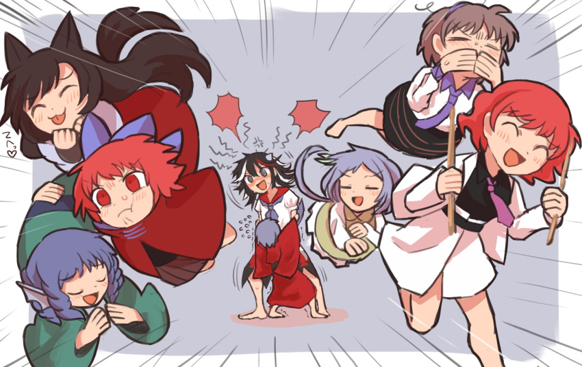 6+girls, anger_vein, animal_ears, barefoot, blue_hair, blush, brown_hair, closed_eyes