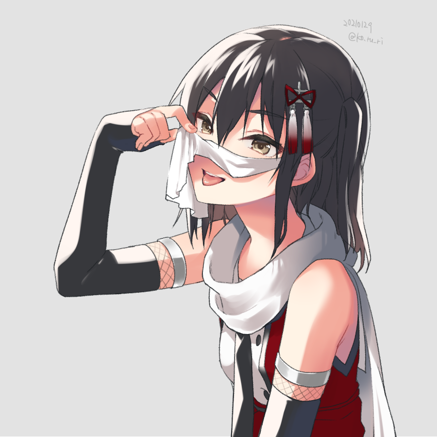 1girl, bangs, black_gloves, black_hair, breasts, brown_eyes, dated, elbow_gloves, eyebrows_visible_through_hair, gloves, grey_background, hair_between_eyes, hair_ornament, kantai_collection, koruri, lifted_by_self, looking_at_viewer, mouth_veil, neckerchief, remodel_(kantai_collection), scarf, sendai_(kantai_collection), simple_background, sleeveless, solo, tongue, tongue_out, twitter_username, two_side_up, upper_body, veil, veil_lift, white_scarf