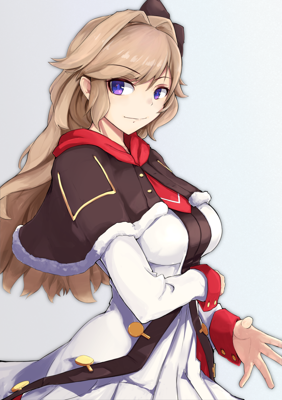 1girl, arm_under_breasts, azur_lane, bangs, black_capelet, blue_background, breasts, brown_ribbon