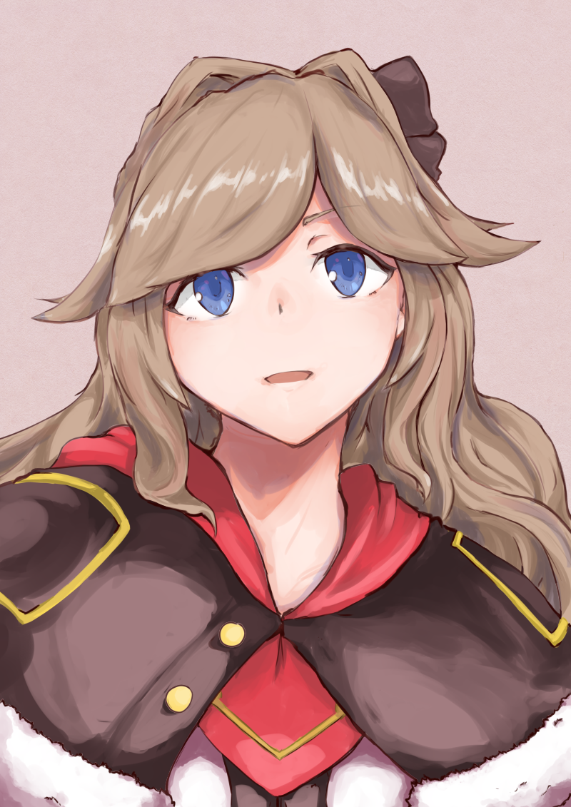 azur_lane, bangs, black_capelet, blue_eyes, brown_hair, brown_ribbon, capelet, coat