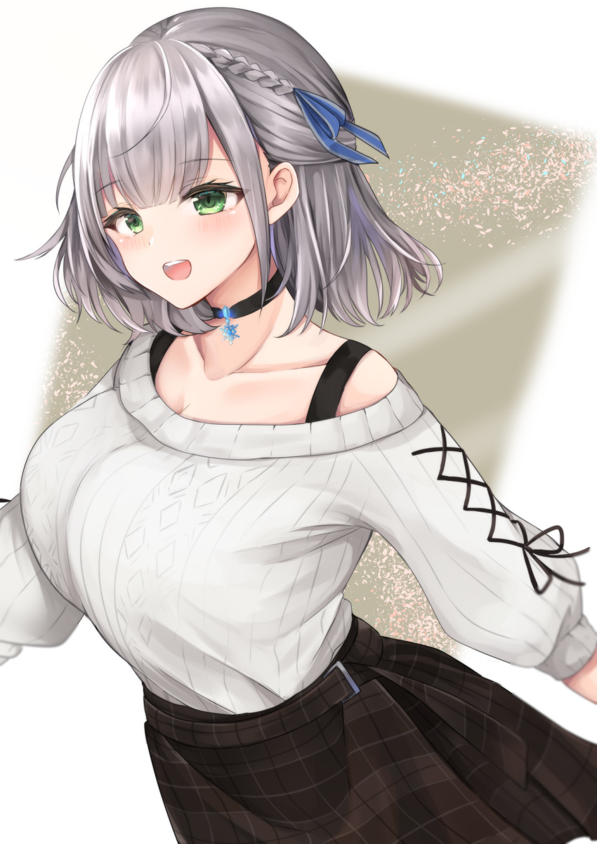 1girl, :d, bangs, black_choker, blue_ribbon, braid, breasts, choker