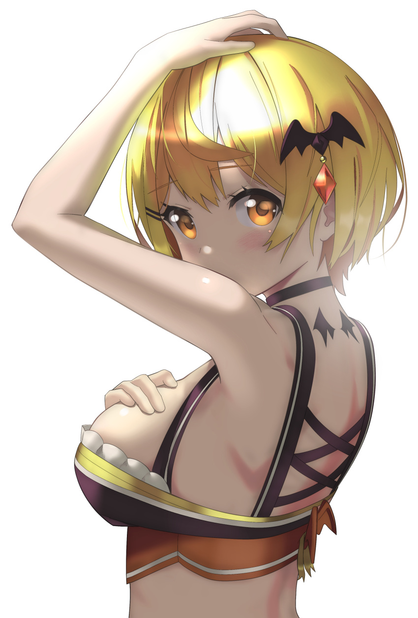 1girl, absurdres, arm_up, armpits, back, back_tattoo, bangs, bare_shoulders, bat_hair_ornament, bat_wings, black_choker, blonde_hair, blush, breasts, bustier, choker, cross-laced_clothes, embarrassed, fate_(series), frills, from_behind, hair_ornament, hairclip, hand_on_own_chest, hand_on_own_head, highres, hololive, large_breasts, looking_at_viewer, mechjunk, midriff, revealing_clothes, short_hair, shoulder_blades, simple_background, solo, tattoo, vampire, virtual_youtuber, white_background, wing_tattoo, wings, yellow_eyes, yozora_mel
