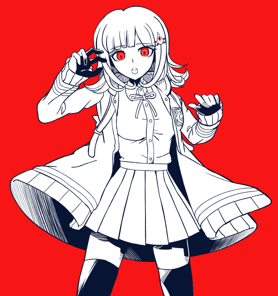 1girl, alternate_eye_color, bangs, blunt_bangs, breasts, commentary_request, cowboy_shot, dangan_ronpa_(series)
