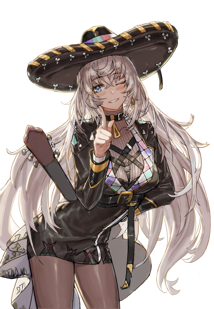 1girl, aqua_eyes, belt, black_dress, blush, breasts, brown_blouse, brown_legwear, choker, cowboy_shot, dress, earrings, eyebrows_visible_through_hair, fx-05_(girls_frontline), girls_frontline, guitar, hair_between_eyes, hat, highres, instrument, jewelry, kahill, light_brown_hair, long_hair, long_sleeves, looking_at_viewer, mariachi, medium_breasts, mexican, mexican_dress, mexico, one_eye_closed, pantyhose, simple_background, smile, solo, sombrero, turtleneck, very_long_hair, white_background