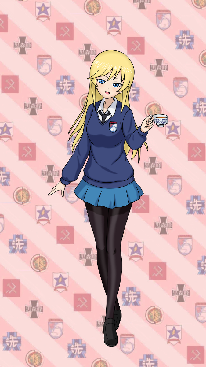 1girl, black_neckwear, blonde_hair, blue_eyes, blue_sweater, breasts, character_name, cup