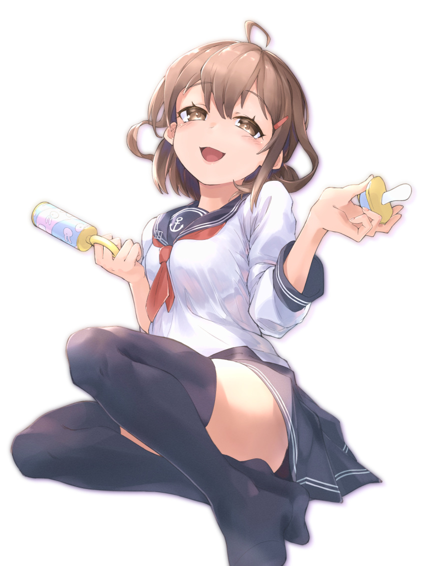 1girl, ailiner7060, anchor_symbol, black_legwear, black_sailor_collar, black_skirt, blush, brown_eyes