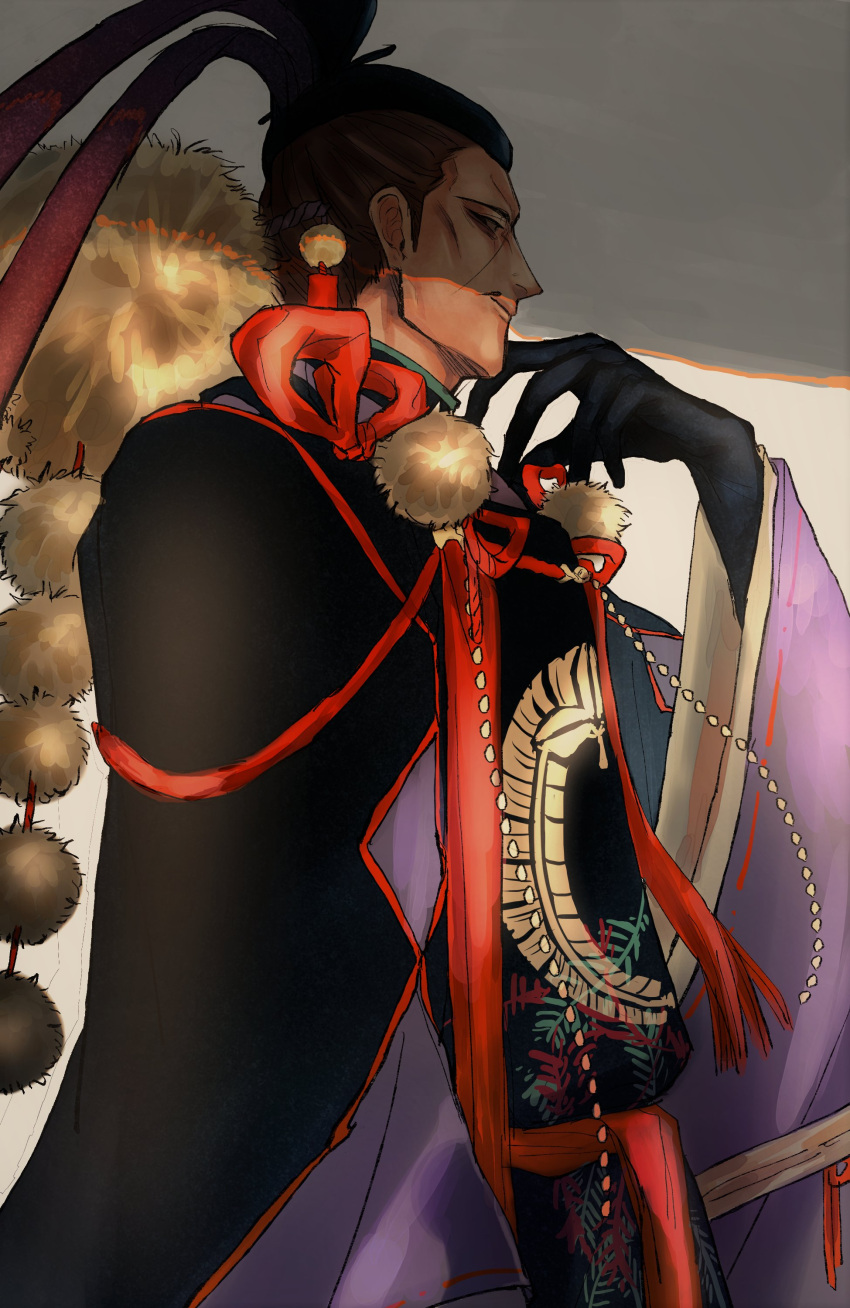 1boy, absurdres, brown_hair, fate/grand_order, fate_(series), fujiwara_no_michinaga_(fate), gloves, hand_on_own_face, headdress, highres, japanese_clothes, looking_away, male_focus, smile