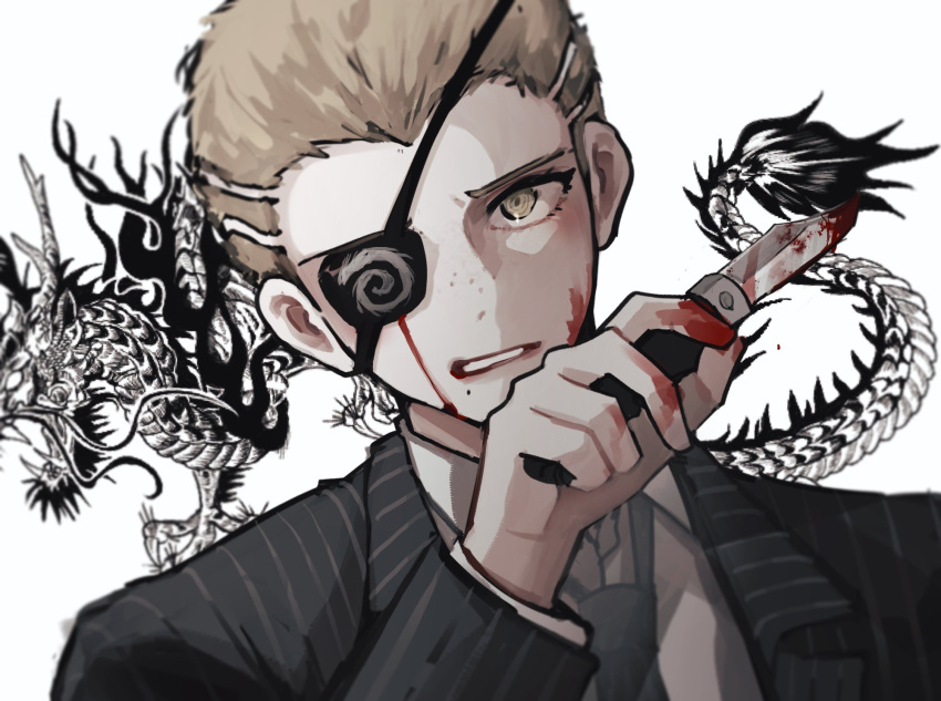1boy, bangs, black_eyepatch, blonde_hair, blood, blood_on_face, brown_eyes, collared_shirt